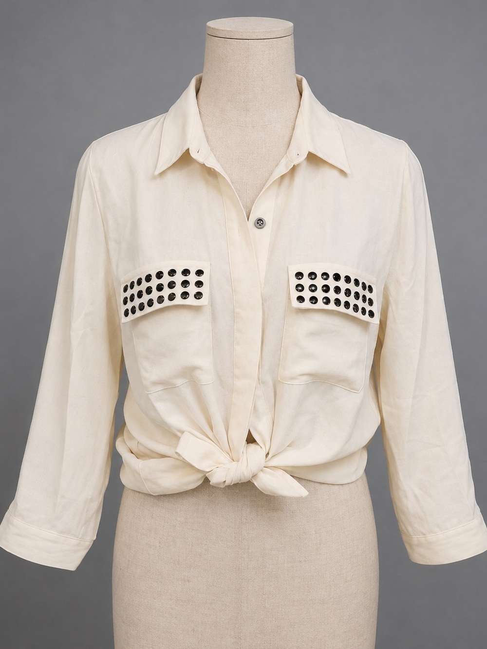 Light Peach-ish Cream Studded Pocket Button Down Dressy Shirt Top sz Sma…